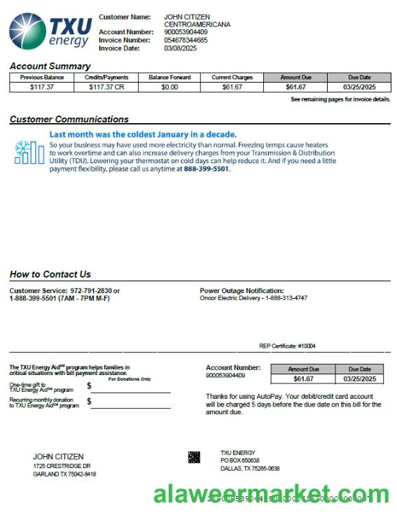 USA TXU Energy utility bill template in Word and PDF formats, version 4